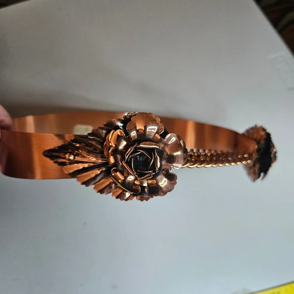Vintage Renoir Copper Belt Floral Rose Chain Rigid Metal Mid Century Modern XS